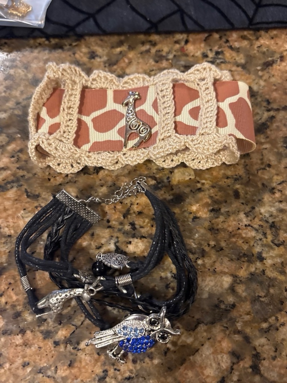 Tan Giraffe Charm Crochet-Trim Ribbon Bracelet